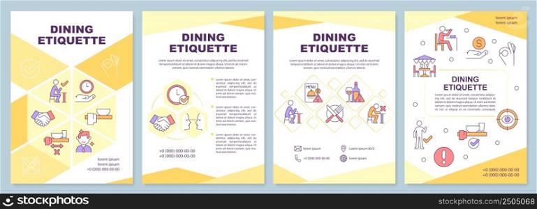 Dining etiquette brochure template. Set of rules and norms. Leaflet design with linear icons. 4 vector layouts for presentation, annual reports. Arial-Black, Myriad Pro-Regular fonts used. Dining etiquette brochure template