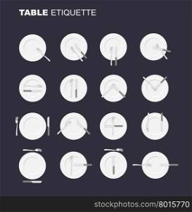 dining etiquette unofficial version. 16 characters to restaurant etiquette. Rules in public eating establishment. Cutlery etiquette. Good manners in society. An empty plate top view. Knife and fork.&#xA;