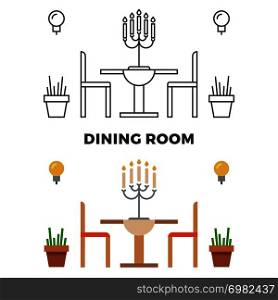 Dining room concept - flat style and line style dining room. Vector illustration. Dining room concept - flat style and line style dining room