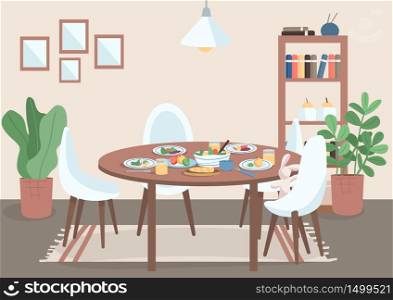 Dining room flat color vector illustration. Table with chair and food on plates. Spot for family meal. Shelves near potted plants. Livingroom 2D cartoon interior with furniture on background