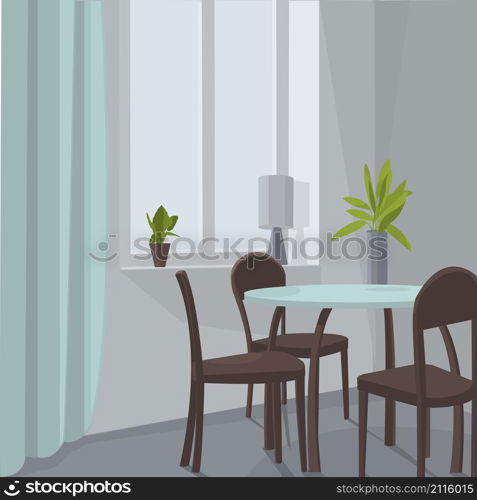 Dining room interior. Dinner table with chairs. Vector illustration.