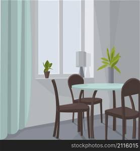 Dining room interior. Dinner table with chairs. Vector illustration.