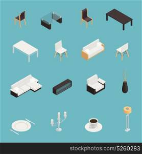 Dining Room Interior Icons Set. Dining room interior isometric icons set on blue background isolated vector illustration