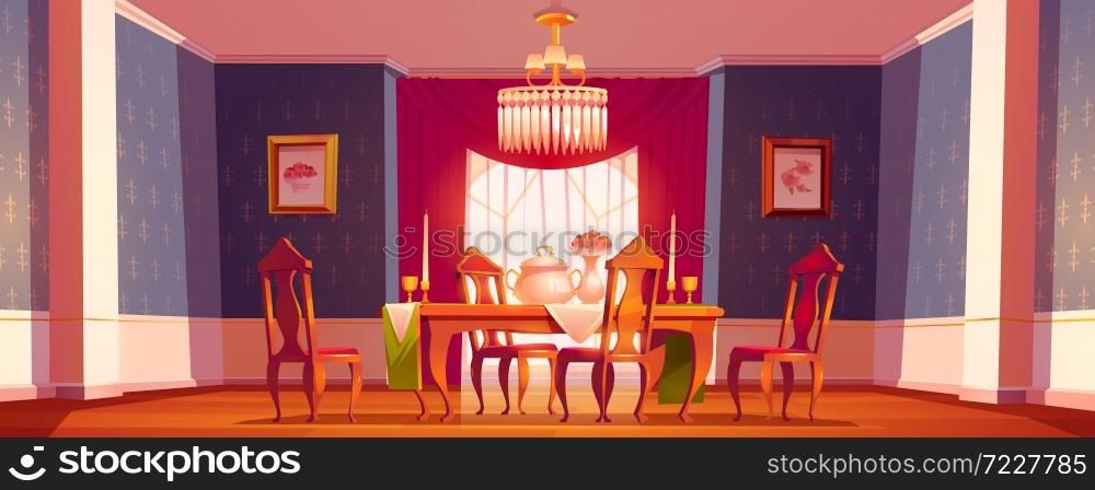 Dining room interior in classic victorian style with feast table, chairs and chandelier. Vector cartoon illustration of vintage baroque furniture in old banquet hall with candles, flowers and goblets. Dining room interior in classic victorian style