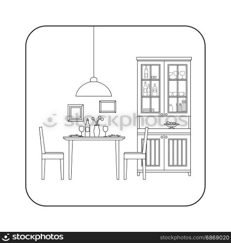 Dining room interior.. Thin line interior of dining room. Vector line illustration of dinig room.