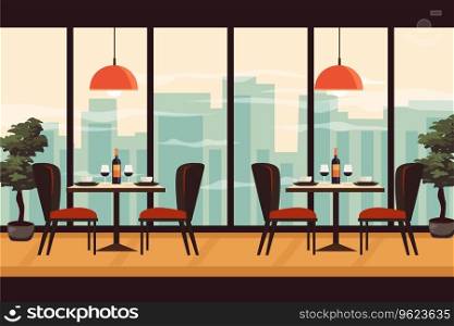 Dining table for date with glasses of wine and chairs in flat style. Luxury exclusive rooftop restaurant. City skyline on background. Restaurant indoor. Vector stock