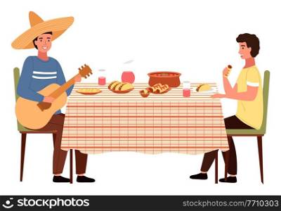 Dining table with tacos and burritos. Man in a sombrero is playing the guitar. Guys are eating mexican food. People in national costumes have dinner together. Relatives isolated on white background. People are eating mexican food. The man plays the guitar. Guys isolated on white background