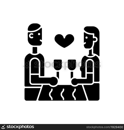 Dinner at restaurant black glyph icon. Married couple dining out. Restaurant date ideas. Boyfriend and girlfriend sitting at table. Silhouette symbol on white space. Vector isolated illustration. Dinner at restaurant black glyph icon