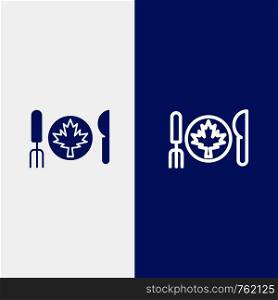 Dinner, Autumn, Canada, Leaf Line and Glyph Solid icon Blue banner Line and Glyph Solid icon Blue banner