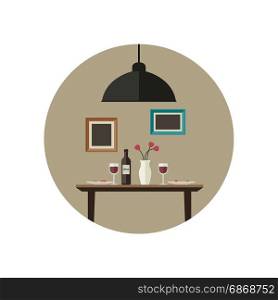 Dinner flat illustration. Dinner flat illustration. Interior of dinig room with table.