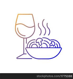 Dinner gradient linear vector icon. Spaghetti and wine glass. Romantic meal. Restaurant order. Cafe menu. Thin line color symbols. Modern style pictogram. Vector isolated outline drawing. Dinner gradient linear vector icon