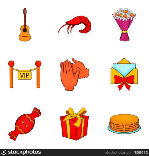 Dinner party icons set. Cartoon set of 9 dinner party vector icons for web isolated on white background. Dinner party icons set, cartoon style
