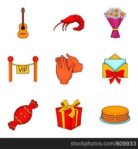 Dinner party icons set. Cartoon set of 9 dinner party vector icons for web isolated on white background. Dinner party icons set, cartoon style