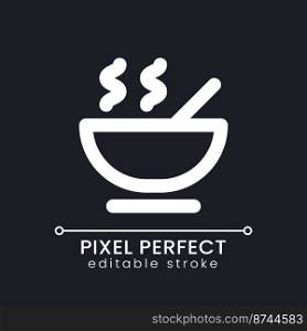 Dinner pixel perfect white linear ui icon for dark theme. Meal included. Paid hotel service. Vector line pictogram. Isolated user interface symbol for night mode. Editable stroke. Poppins font used. Dinner pixel perfect white linear ui icon for dark theme