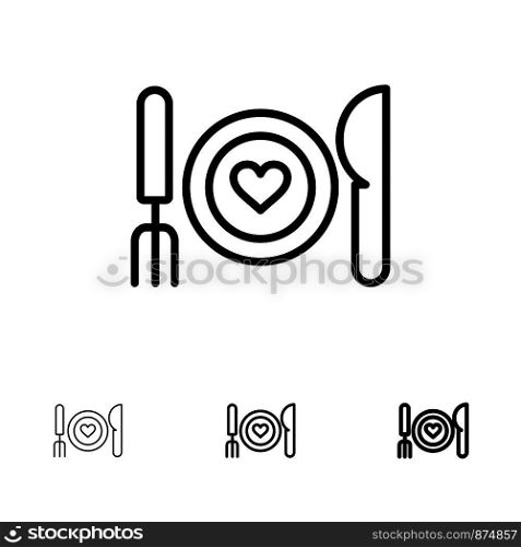 Dinner, Romantic, Food, Date, Couple Bold and thin black line icon set