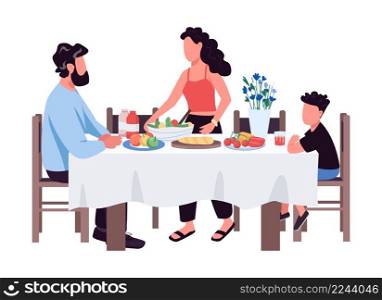 Dinner served semi flat color vector characters. Sitting figures. Full body person on white. Family eating and drinking simple cartoon style illustration for web graphic design and animation. Dinner served semi flat color vector characters