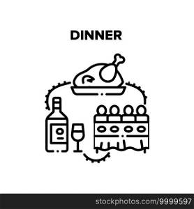 Dinner With Family At Table Vector Icon Concept. People Sitting At Desk Eating Fried Chicken, Turkey Or Duck And Drinking Wine Alcoholic Drink Together. Eating Food With Friends Black Illustration. Dinner With Family At Table Vector Concept Color