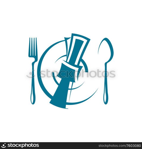 Dinnertime with fork and spoon, napkin lying on top of plate isolated vector table setting. Fork, spoon, plate with napkin