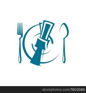 Dinnertime with fork and spoon, napkin lying on top of plate isolated vector table setting. Fork, spoon, plate with napkin