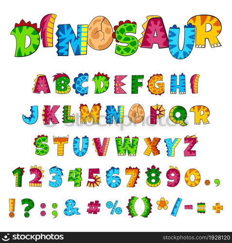 Dino alphabet. Font elements, creative dinosaur style letters and numbers. Colorful kids abc, funny childish decorative comic vector text. Alphabet dino font, dinosaur letter for kids illustration. Dino alphabet. Font elements, creative dinosaur style letters and numbers. Colorful kids abc, funny childish decorative comic garish vector text