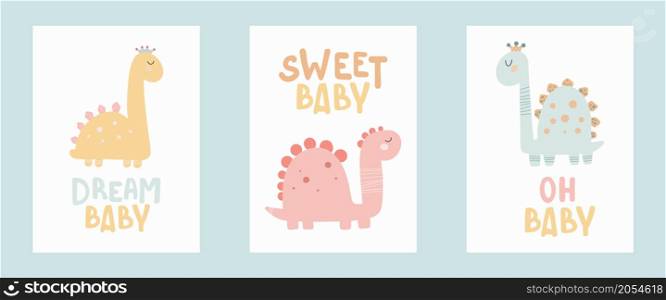 Dino baby princess poster with cute lettering. Childish simple hand draw style Pastel palette Cute print vector. Dino baby princess poster with cute lettering. Childish simple hand draw style Pastel palette