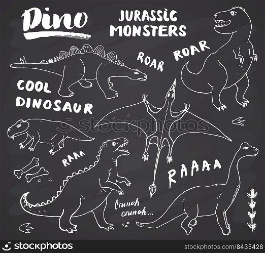 Dino Doodles Set. Cute Dinosaurs sketch and Letterings collection. Hand drawn Cartoon Dino Vector illustration on chalkboard background.. Dino Doodles Set. Cute Dinosaurs sketch and Letterings collection. Hand drawn Cartoon Dino Vector illustration on chalkboard background