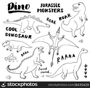 Dino Doodles Set. Cute Dinosaurs sketch and Letterings collection. Hand drawn Cartoon Dino Vector illustration.. Dino Doodles Set. Cute Dinosaurs sketch and Letterings collection. Hand drawn Cartoon Dino Vector illustration