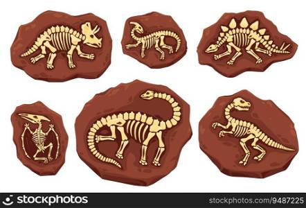 Dino fossil skeletons. Ancient dinosaur imprints in stone. Vector layers of earth with full body bones. Archaeological and paleontological excavations. Studies of prehistoric creatures and animals. Dino fossil skeletons, dinosaur imprints in stone