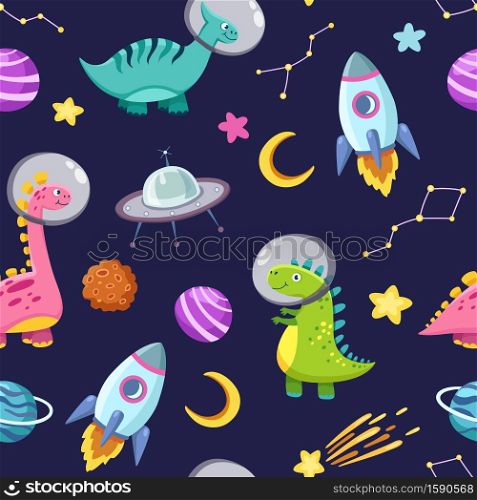 Dino in space seamless pattern. Cute dragon characters, dinosaur traveling galaxy with stars, planets. Kids cartoon vector background. Illustration of astronaut dragon, kids wrapping with cosmic dino. Dino in space seamless pattern. Cute dragon characters, dinosaur traveling galaxy with stars, planets. Kids cartoon vector background
