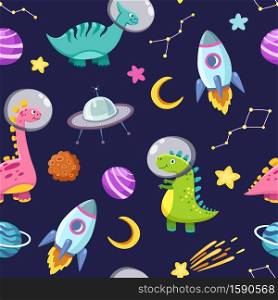 Dino in space seamless pattern. Cute dragon characters, dinosaur traveling galaxy with stars, planets. Kids cartoon vector background. Illustration of astronaut dragon, kids wrapping with cosmic dino. Dino in space seamless pattern. Cute dragon characters, dinosaur traveling galaxy with stars, planets. Kids cartoon vector background