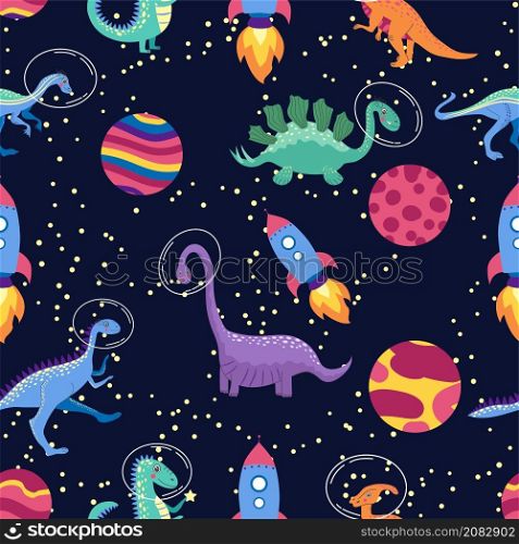 Dino in space seamless pattern. Cute dragon characters, dinosaur traveling galaxy with stars, planets. Kids cartoon background.. Dino in space seamless pattern. Cute dragon characters, dinosaur traveling galaxy with stars, planets. Kids cartoon background. Illustration of astronaut dragon, kids wrapping with cosmic dino