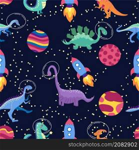 Dino in space seamless pattern. Cute dragon characters, dinosaur traveling galaxy with stars, planets. Kids cartoon background.. Dino in space seamless pattern. Cute dragon characters, dinosaur traveling galaxy with stars, planets. Kids cartoon background. Illustration of astronaut dragon, kids wrapping with cosmic dino