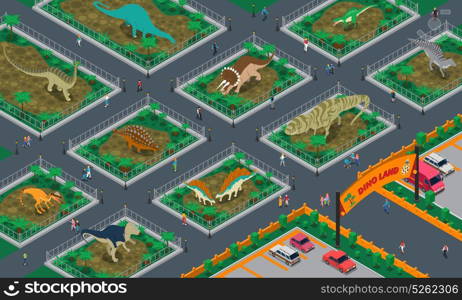 Dino Land Isometric Composition. Dino land isometric composition with people walking in modern park of giant prehistoric reptiles vector illustration