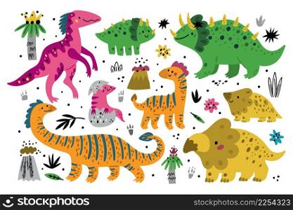 Dino mother with kid. Happy Jurassic animals families. Cute moms and funny children. Prehistoric wildlife. Newborn reptile cubs. Extinct fauna. Volcanoes and palm trees. Vector cartoon dinosaurs set. Dino mother with kid. Happy Jurassic animals families. Moms and funny children. Prehistoric wildlife. Newborn reptile cubs. Extinct fauna. Volcanoes and palm trees. Vector dinosaurs set