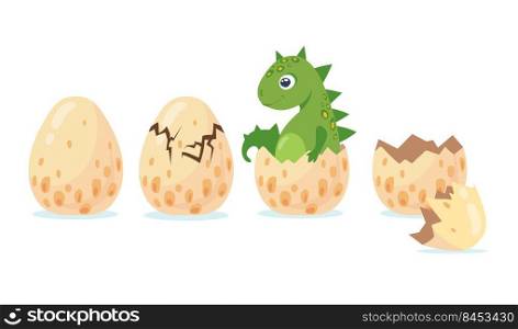 Dino or dragon hatching out of crashing egg. Flat vector illustration. Different birth stages of cute little cartoon dinosaur isolated on white background. Animal, history, dino concept for design