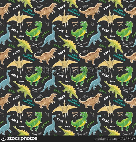 Dino Seamless Pattern, Cute Cartoon Hand Drawn Dinosaurs Doodles Vector Illustration.. Dino Seamless Pattern, Cute Cartoon Hand Drawn Dinosaurs Doodles Vector Illustration