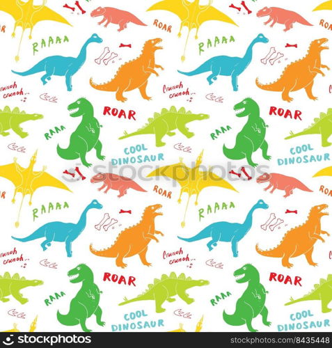 Dino Seamless Pattern, Cute Cartoon Hand Drawn Dinosaurs Doodles Vector Illustration.. Dino Seamless Pattern, Cute Cartoon Hand Drawn Dinosaurs Doodles Vector Illustration