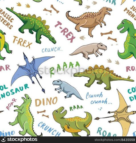 Dino Seamless Pattern, Cute Cartoon Hand Drawn Dinosaurs Doodles Vector Illustration.. Dino Seamless Pattern, Cute Cartoon Hand Drawn Dinosaurs Doodles Vector Illustration