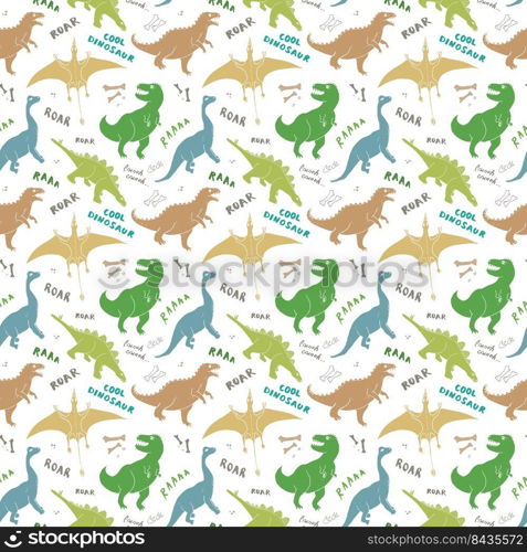 Dino Seamless Pattern, Cute Cartoon Hand Drawn Dinosaurs Doodles Vector Illustration.. Dino Seamless Pattern, Cute Cartoon Hand Drawn Dinosaurs Doodles Vector Illustration