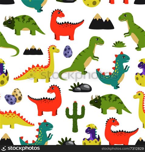 Dino seamless pattern image, dinosaurs and egg, rock and mountain, cactus and types of dinosaurs, vector illustration isolated on white background. Dino Seamless Pattern Image Vector Illustration