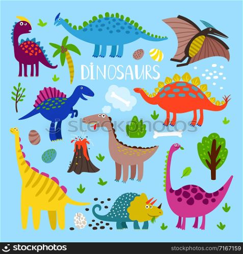 Dino vector set. Dinosaurus prehistoric animals like stegosaurus and pterosaur, brachiosaurus and pterosaur. Dino cartoon set