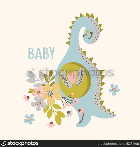 DINO WITH FLOWERS Hand Drawn Vector Illustration Apparel Set