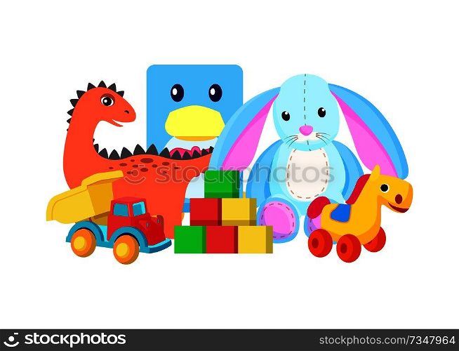 Dinosaur and rabbit toys collection, set of toys van and cubes, horse with wheels and colorful cubes, vector illustration isolated on white background. Dinosaur and Rabbit Toys Vector Illustration