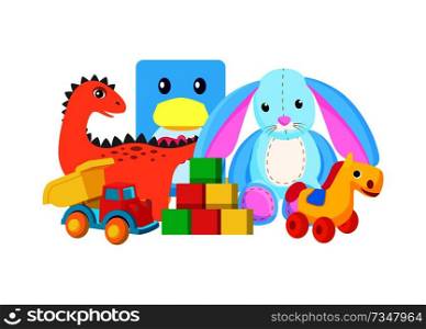 Dinosaur and rabbit toys collection, set of toys van and cubes, horse with wheels and colorful cubes, vector illustration isolated on white background. Dinosaur and Rabbit Toys Vector Illustration