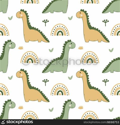 Dinosaur and rainbow. Cute baby pattern. Wallpaper in nursery. Printing on fabric and wrapping paper. Tailoring of children&rsquo;s clothing.