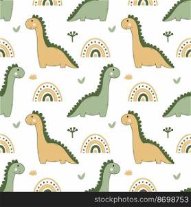 Dinosaur and rainbow. Cute baby pattern. Wallpaper in nursery. Printing on fabric and wrapping paper. Tailoring of children&rsquo;s clothing.