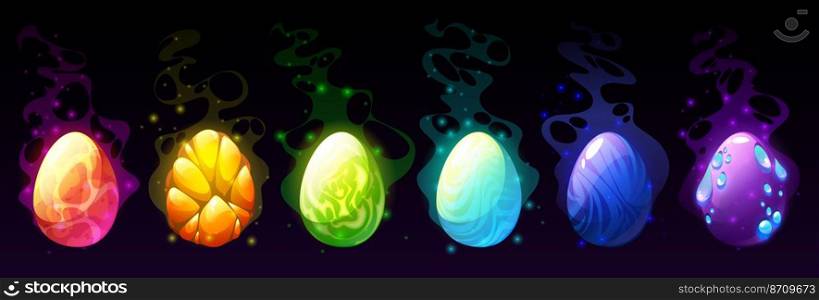 Dinosaur and reptile cartoon eggs, game assets. Magic dragon eggs with colorful textured shell, pimples, glowing scales and power energy lightnings and pattern. Isolated ui graphic objects vector set. Dinosaur and reptile cartoon eggs, game assets