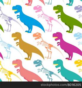 Dinosaur and skeleton seamless pattern. Tyrannosaurus t-Rex and bones background. Colorful predator. Ancient Creeper. Skeleton of an ancient monster. Texture for baby tissue.&#xA;