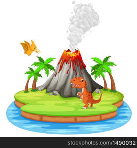 Dinosaur and volcano eruption illustration