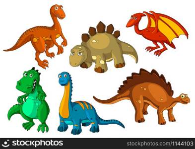 Dinosaur animal cartoon icon set. Funny dino prehistoric reptiles and predators. Jurassic monster, brontosaurus, raptor, tyrannosaurus, stegosaurus and pterodactyl, velociraptor apatosaurus. Dinosaur prehistoric animal cartoon icon set